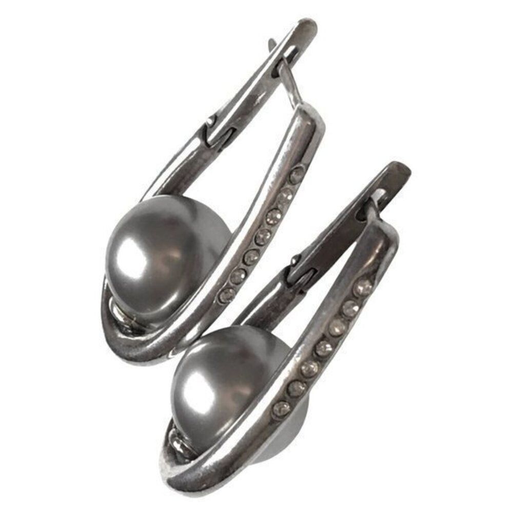 Vintage Silver Earrings Horseshoe Hoop Signed Faux Pearl Cubic Zirconia